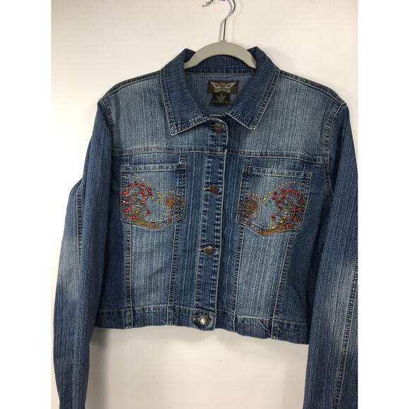 Neeso Denim Jean Jacket Womens 1X‎ Lightweight Cropped Embellished Embroidered - Picture 3 of 9